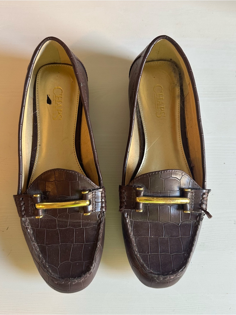 Chaps Dark Brown Croc-Embossed Loafers with Gold Accent